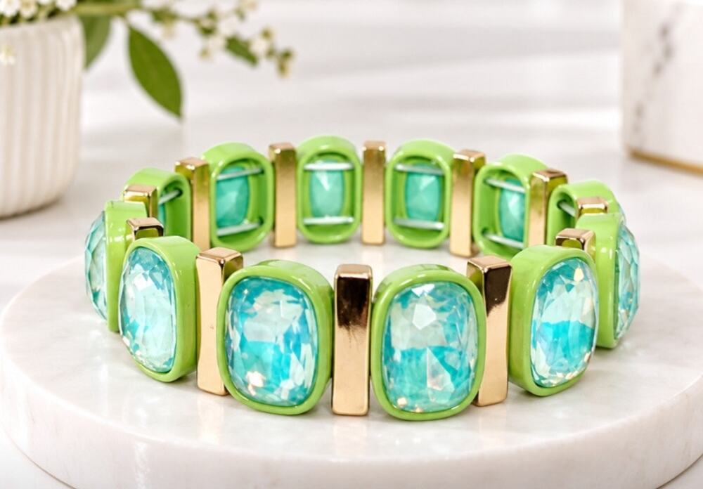 Alloy Green AB Gold Bar Stretch Bracelet New